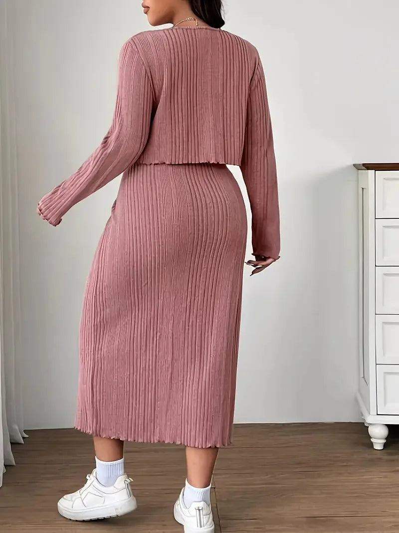 Ribbed Tie-Front Cardigan & Maxi Dress Set