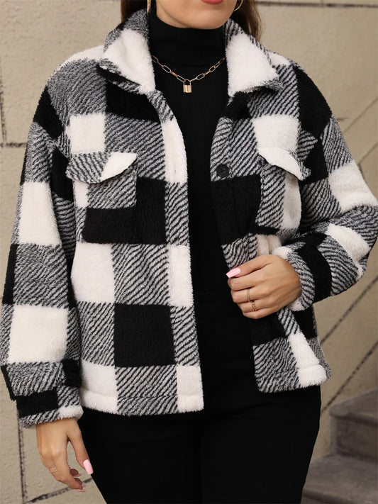 Fuzzy Plaid Button-Front Shirt Jacket