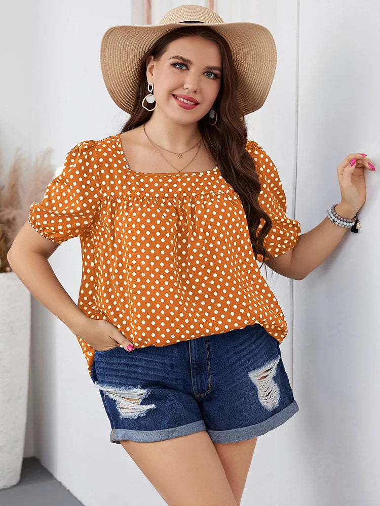 Polka-Dot Square-Neck Puff-Sleeve Blouse