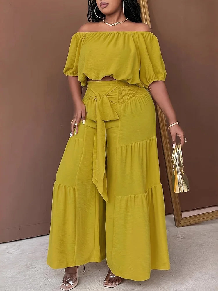 Off-Shoulder Top & Tiered Wide-Leg Pants Set