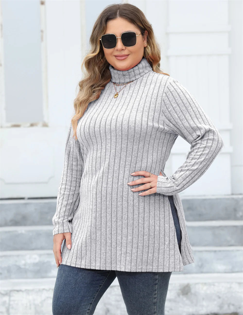 Ribbed Turtleneck Side-Slit Tunic