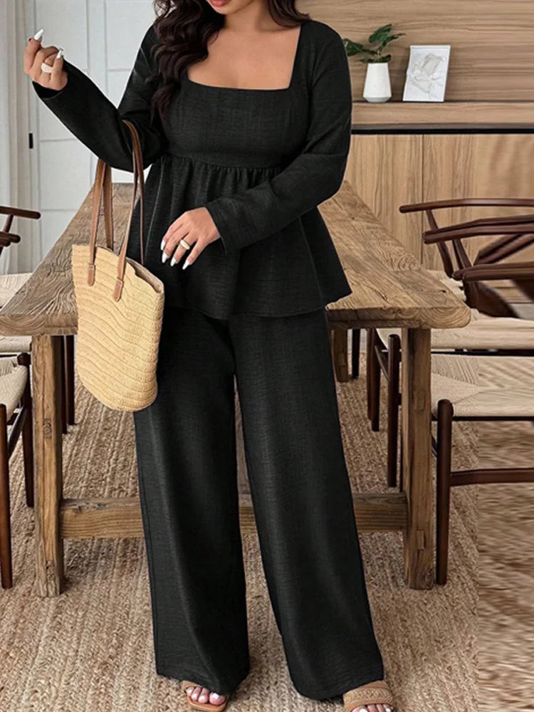 Square-Neck Peplum Top & Wide-Leg Pants Set