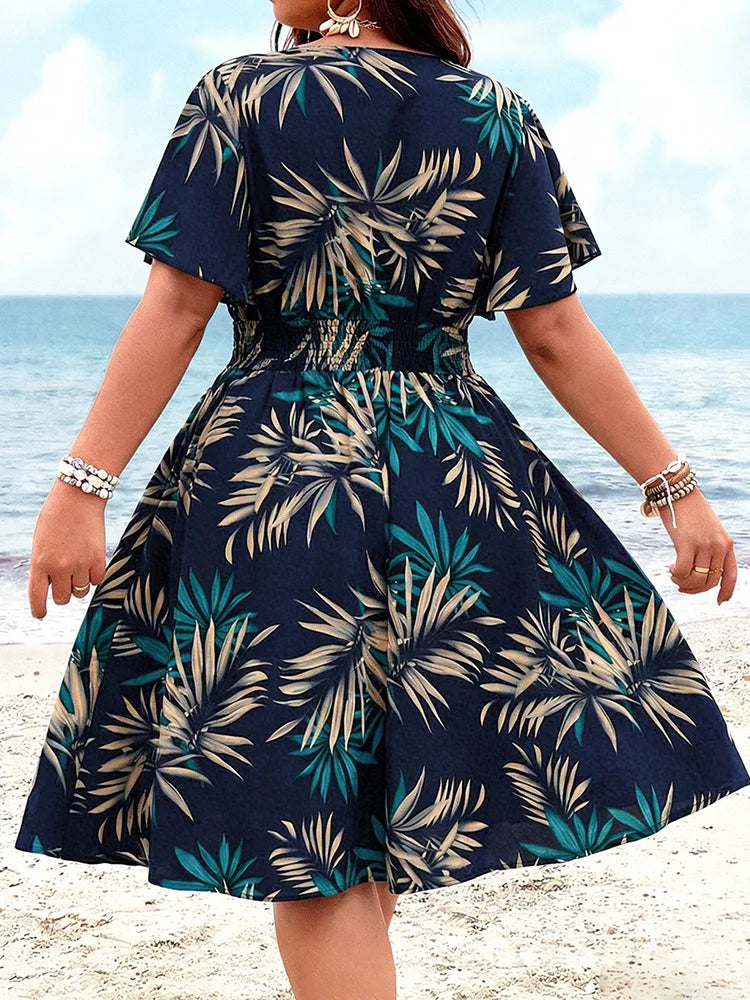 Tropical Smocked-Waist Midi Dress