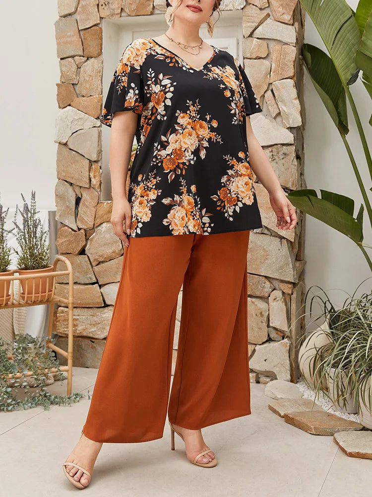 Floral V-Neck Top & Wide-Leg Pants Set