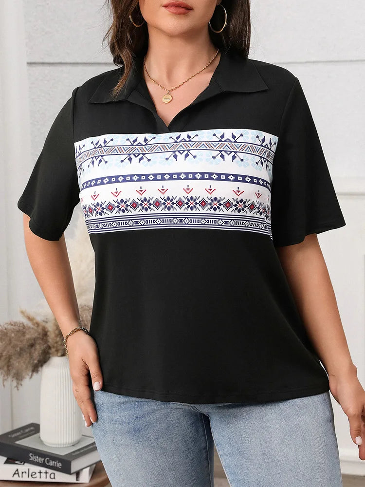 Geometric-Panel Polo-Collar Top