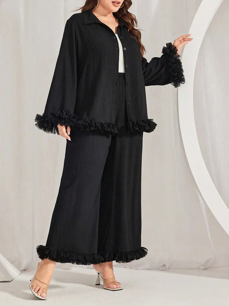 Ruffle-Trim Shirt & Wide-Leg Pants Set