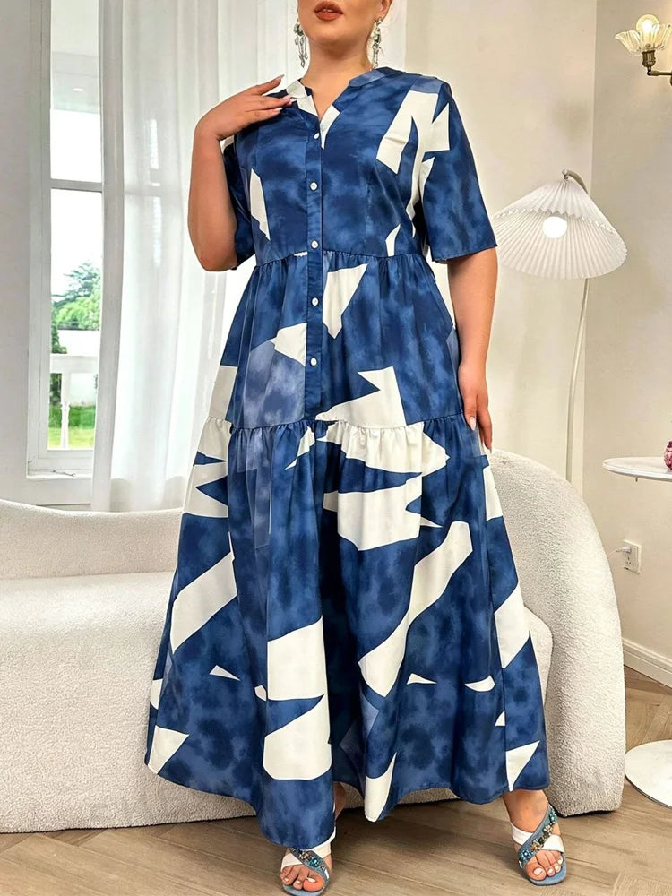 Abstract Button-Front Tiered Maxi Dress