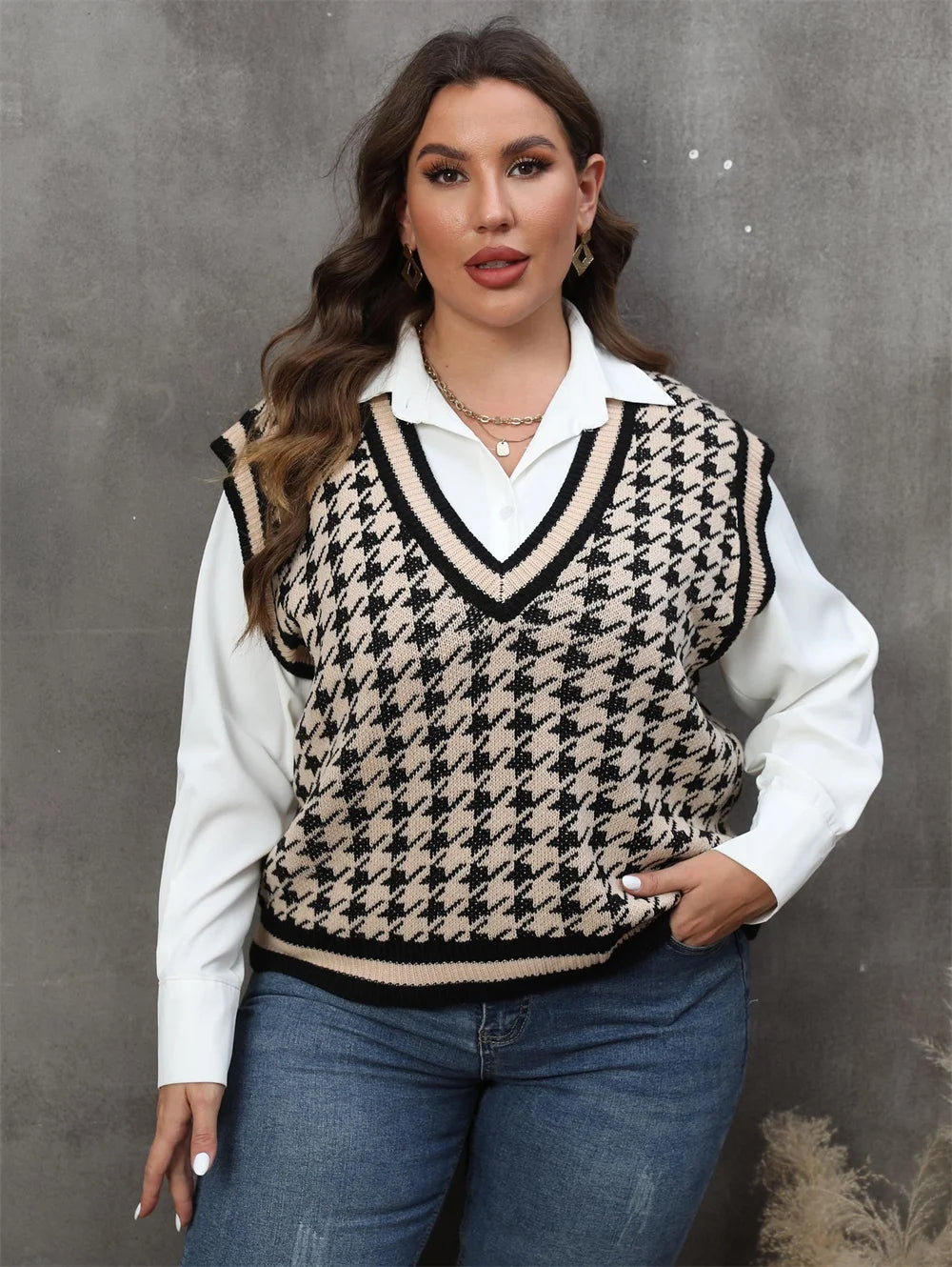 Houndstooth V-Neck Sweater Vest