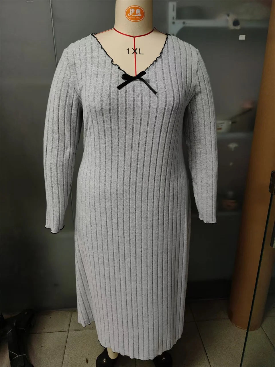Ribbed Bow-Neck Midi Dress