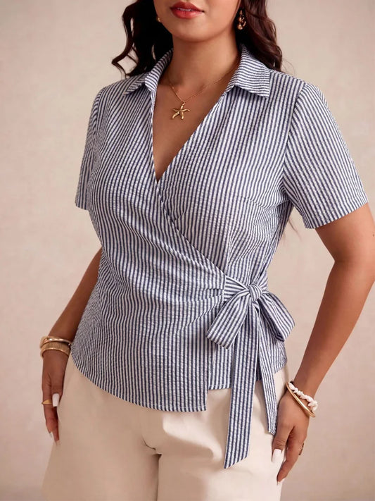 Pinstripe Wrap-Tie Collared Blouse