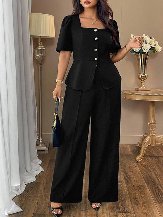 Square-Neck Button Peplum Top & Pants Set