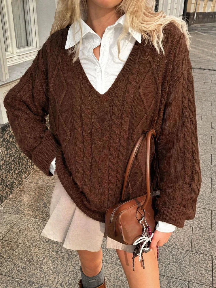 Cable-Knit V-Neck Layered Sweater