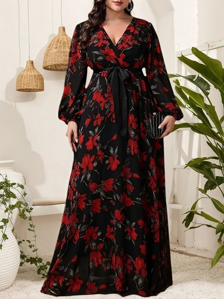 Red-Floral Wrap Maxi Dress