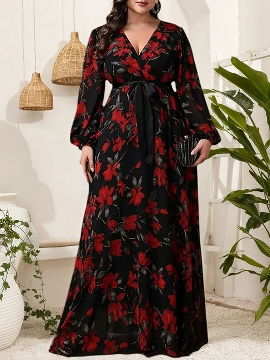 Red-Floral Wrap Maxi Dress