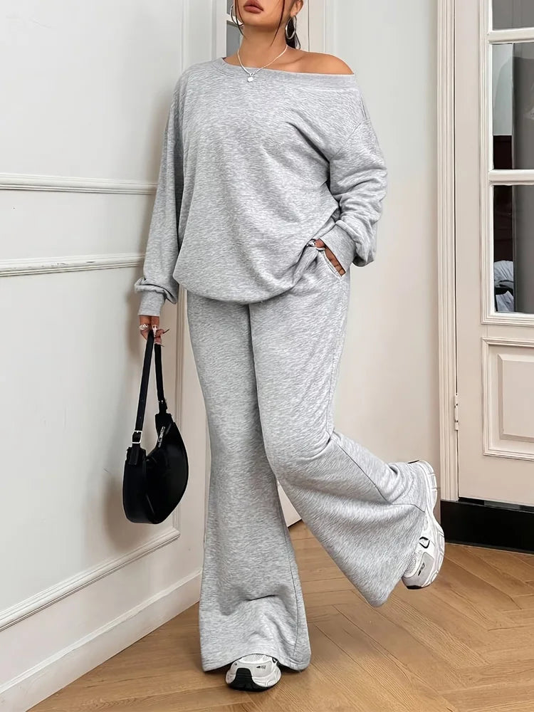 Off-Shoulder Sweatshirt & Flared Pants Set
