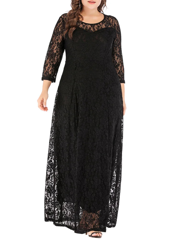 Three-Quarter-Sleeve Lace Maxi Dress