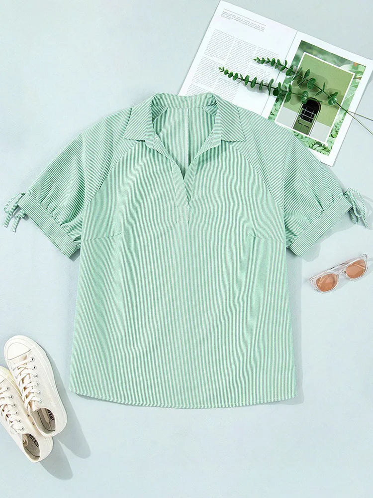 Pinstripe Tie-Sleeve Polo Blouse