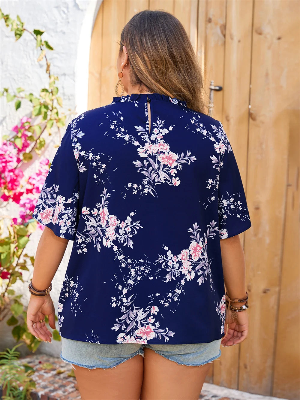 Floral Crochet-Yoke Split-Sleeve Blouse