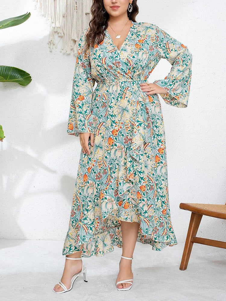 Botanical Ruffle-Hem Wrap Maxi Dress