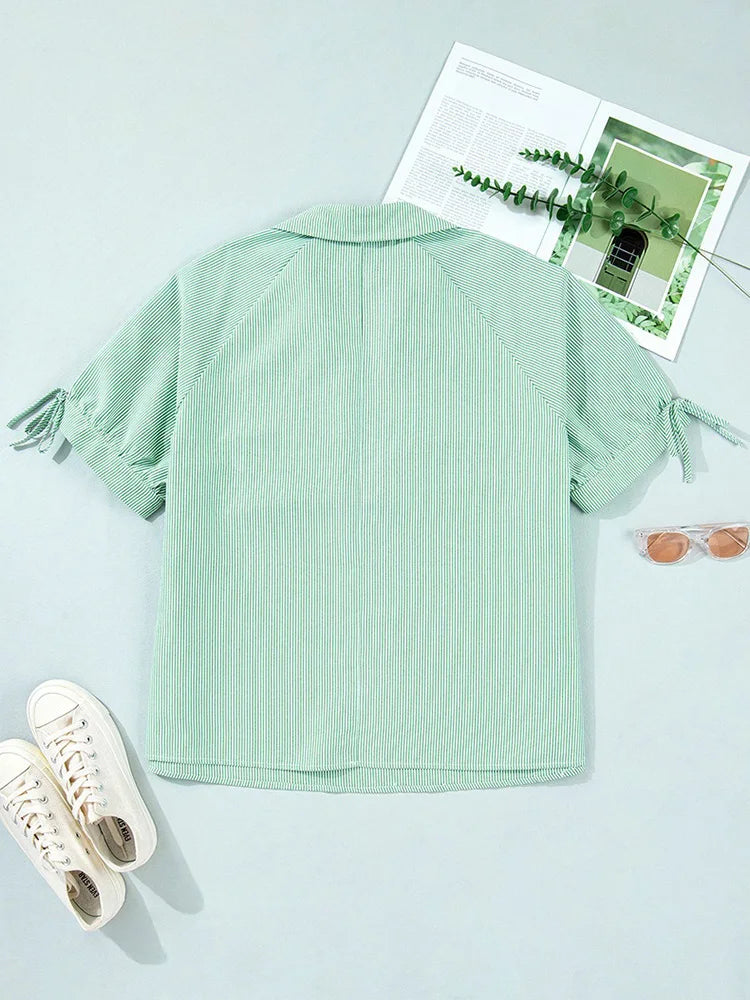 Pinstripe Tie-Sleeve Polo Blouse