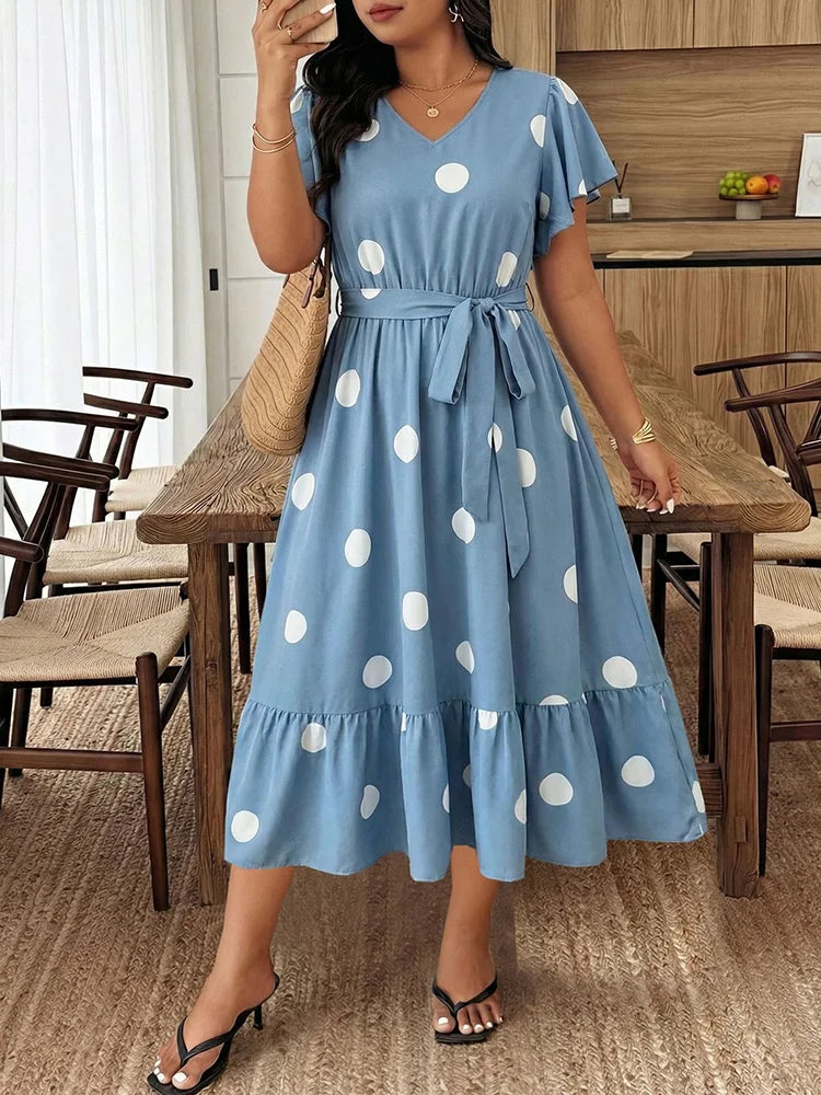 Polka-Dot Flutter-Sleeve Midi Dress