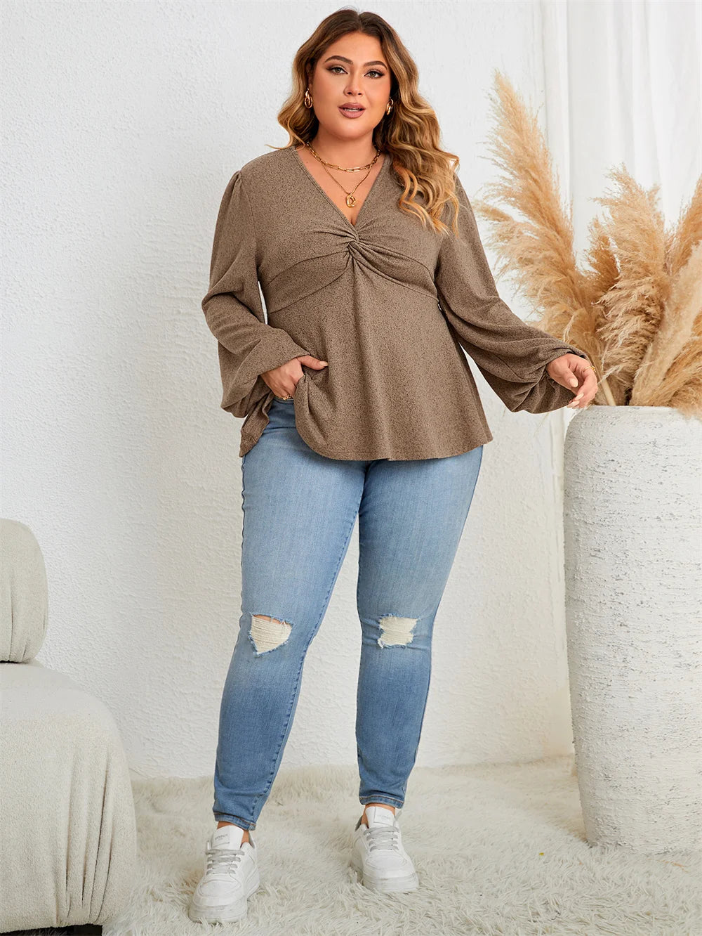 Twist-Front Bell-Sleeve Peplum Top