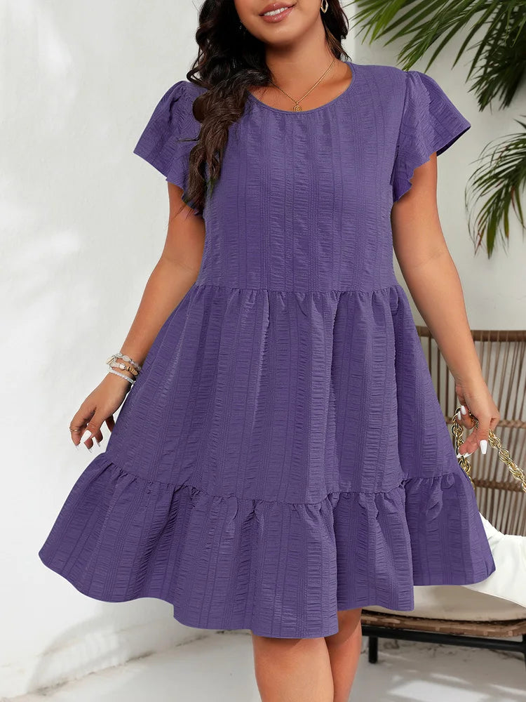 Textured Flutter-Sleeve Tiered Dress