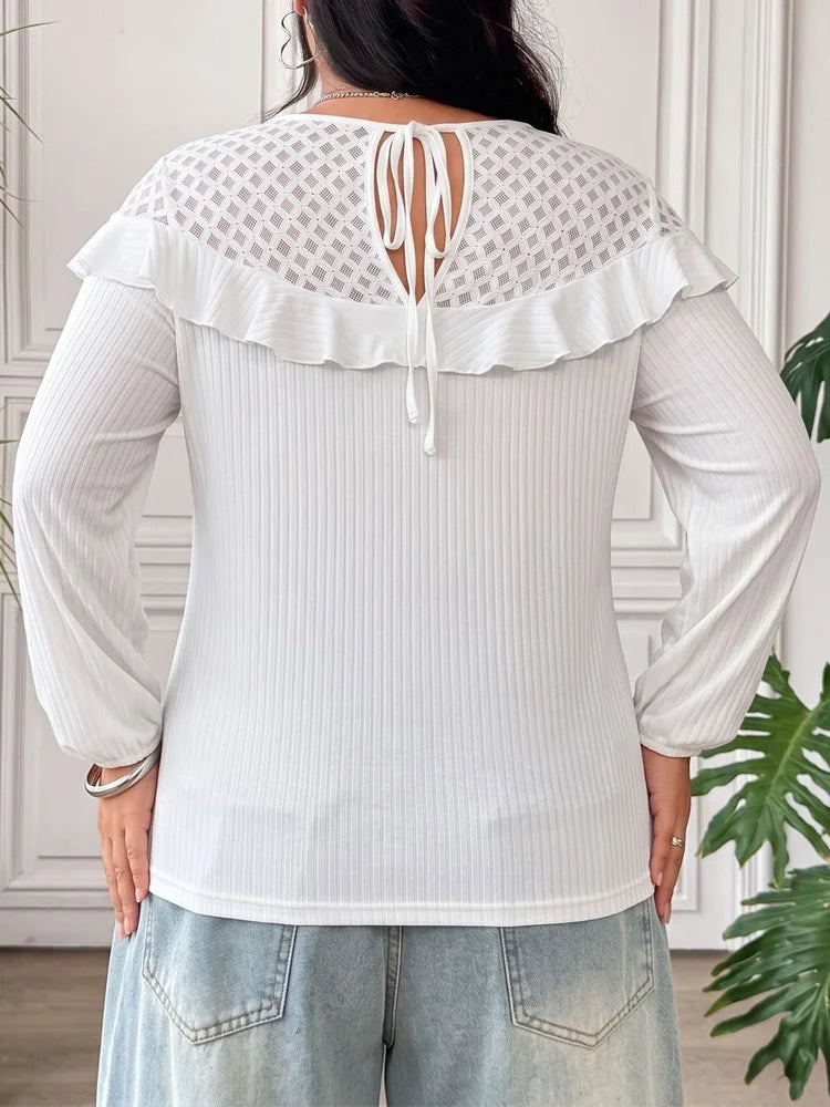 Mesh-Yoke Ruffle Ribbed Top