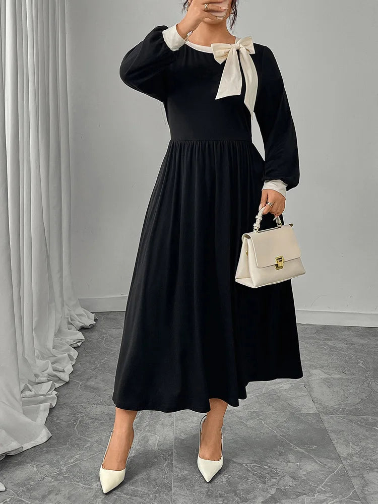 Bow-Neck Contrast Maxi Dress