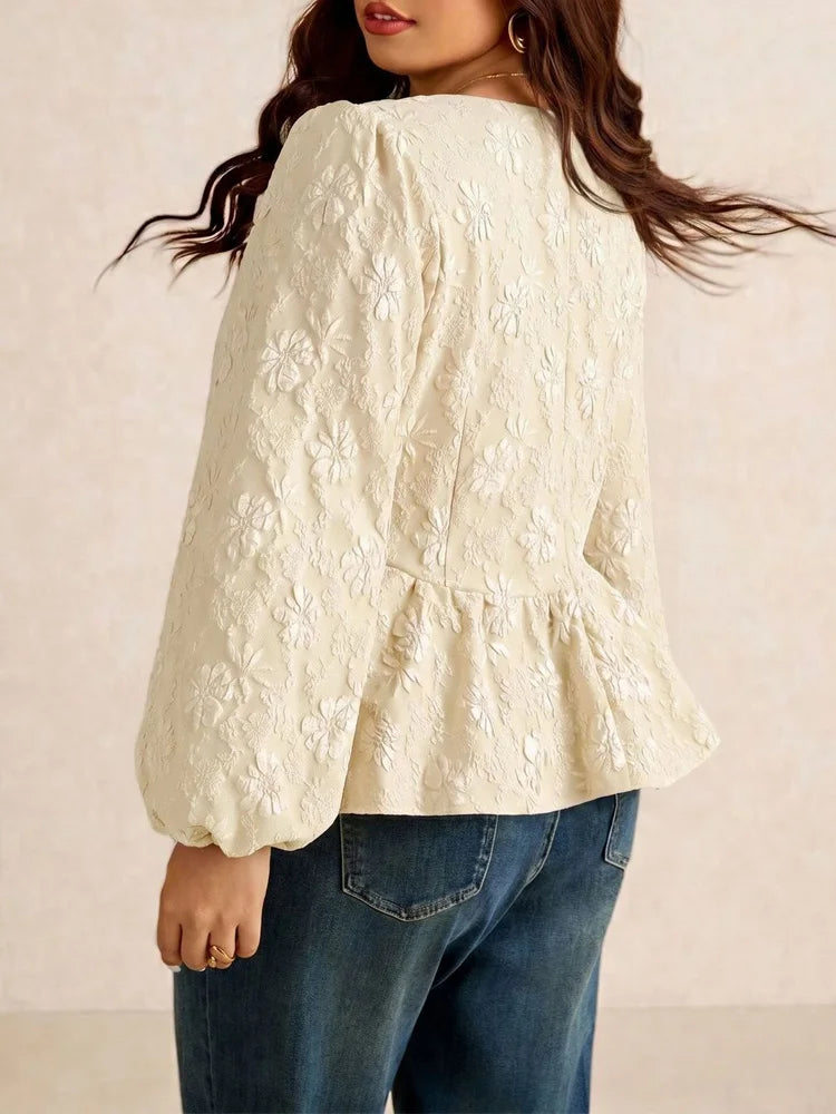 Jacquard Square-Neck Peplum Blouse