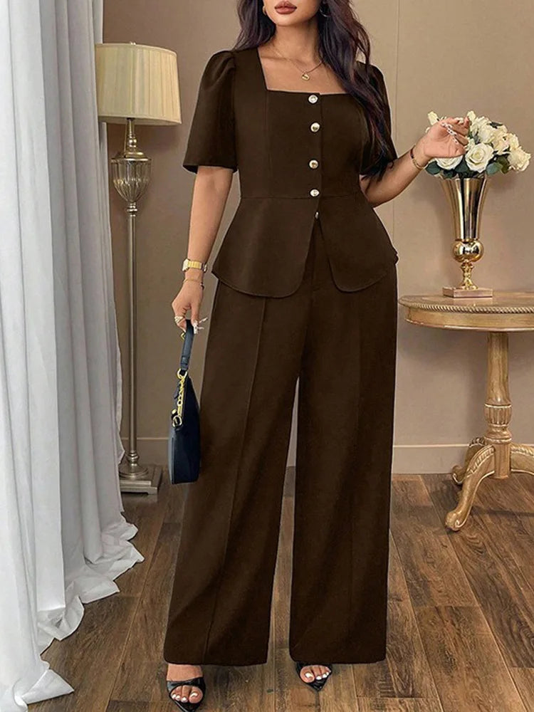 Square-Neck Button Peplum Top & Pants Set