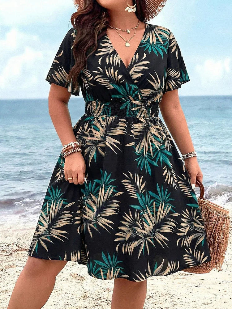 Tropical Smocked-Waist Midi Dress