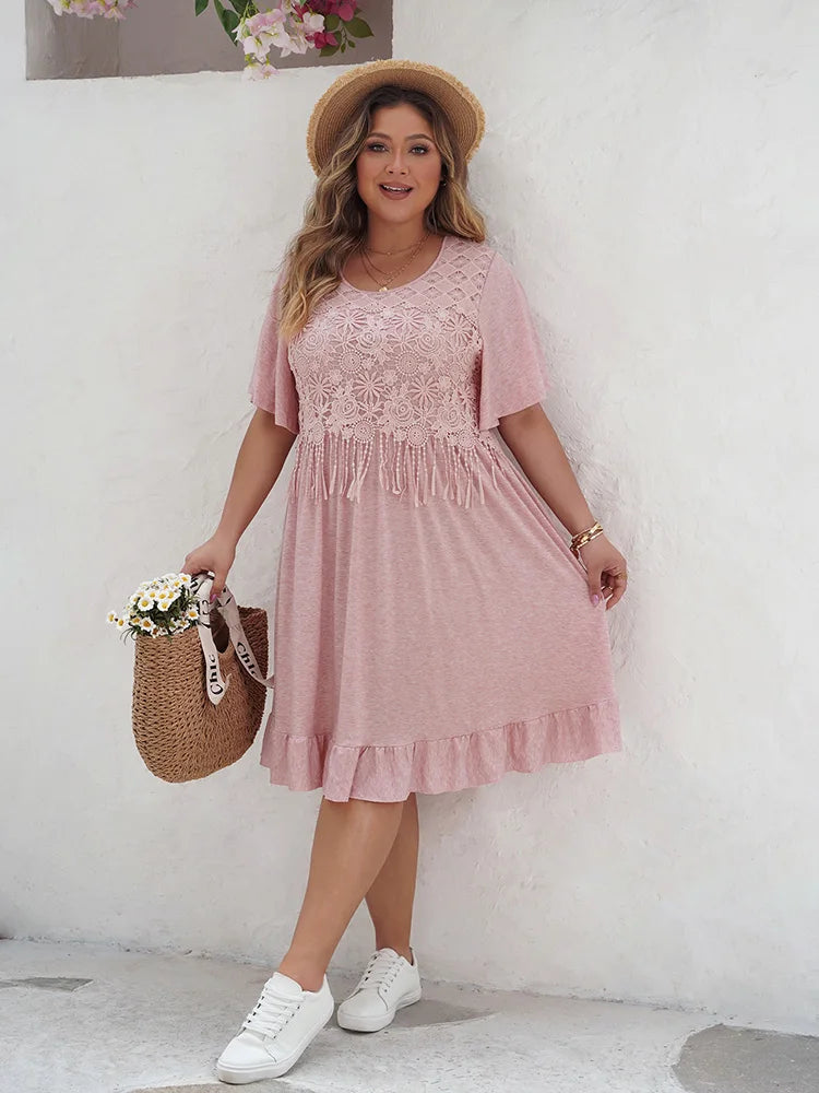 Lace-Trim Flutter-Sleeve Maxi Dress
