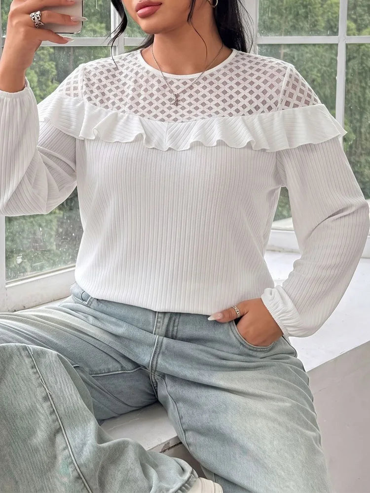 Mesh-Yoke Ruffle Ribbed Top