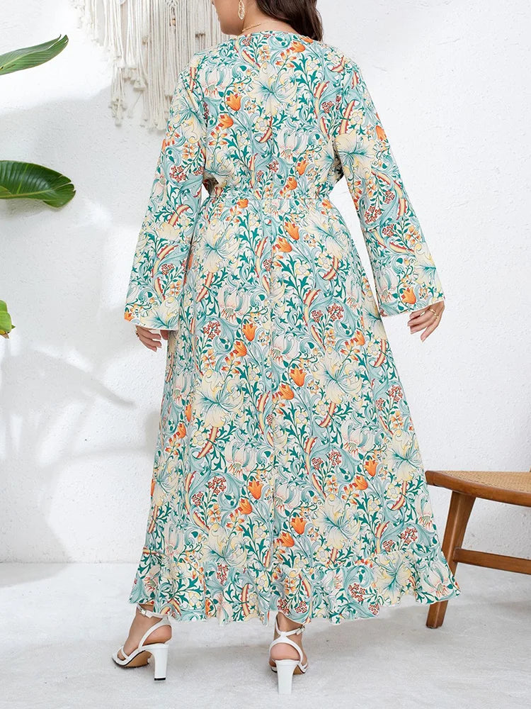 Botanical Ruffle-Hem Wrap Maxi Dress