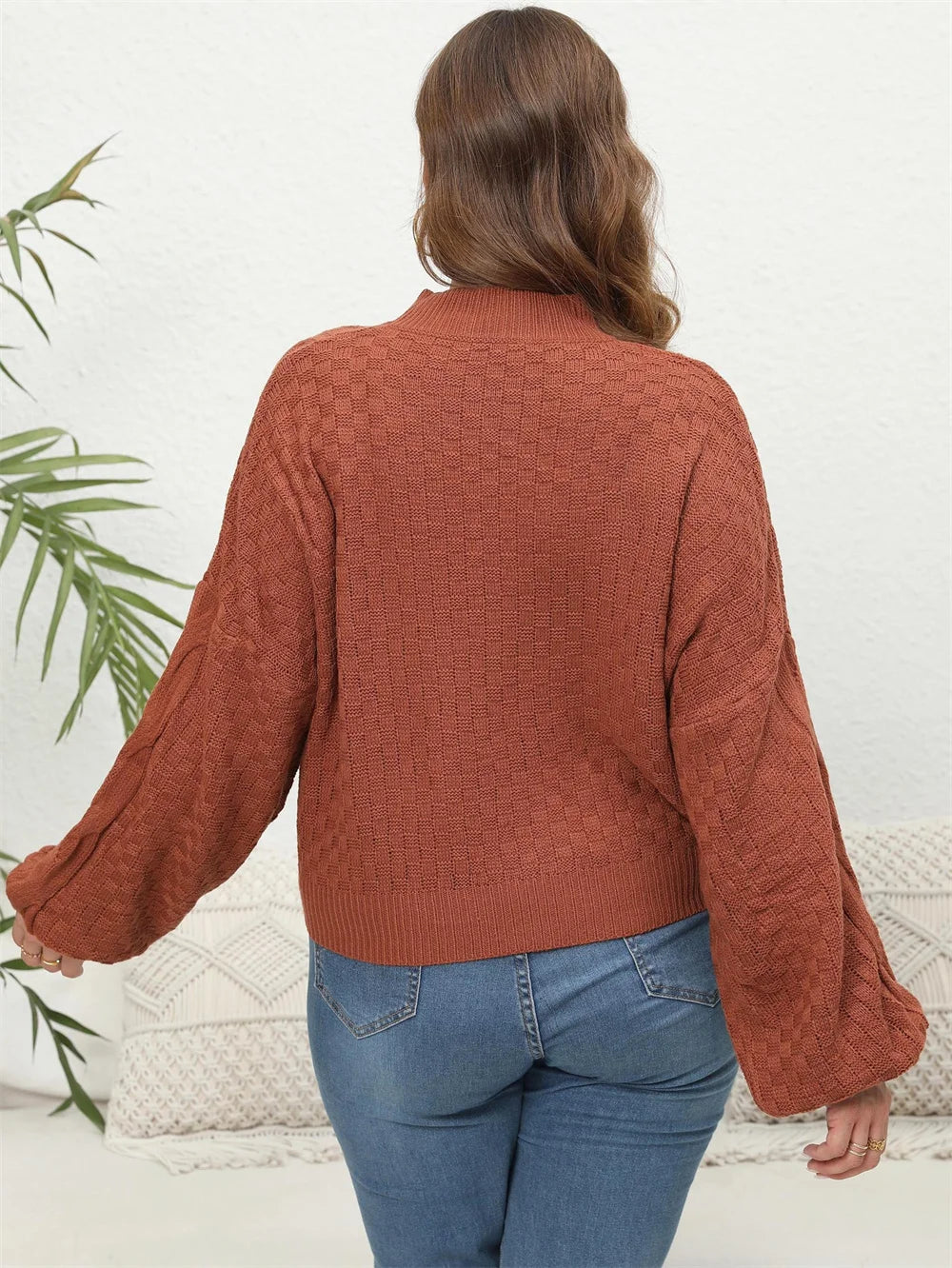 Mock-Neck Openwork Balloon-Sleeve Sweater