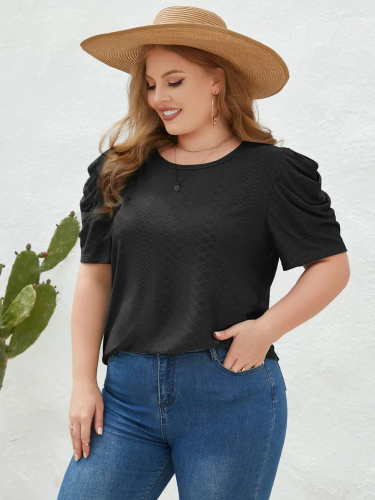 Ruched Puff-Sleeve Eyelet Top