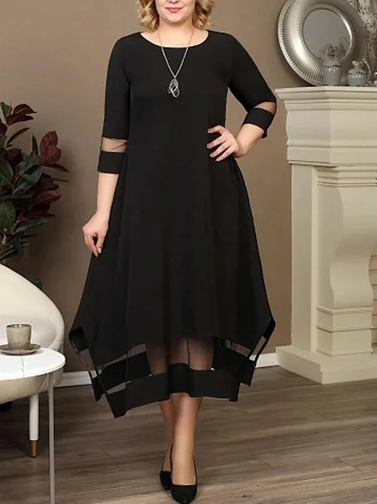 Mesh-Panel Asymmetric Midi Dress