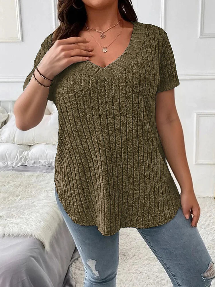 Ribbed V-Neck Short-Sleeve Top