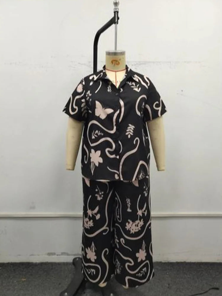 Abstract-Floral Shirt & Wide-Leg Pants Set