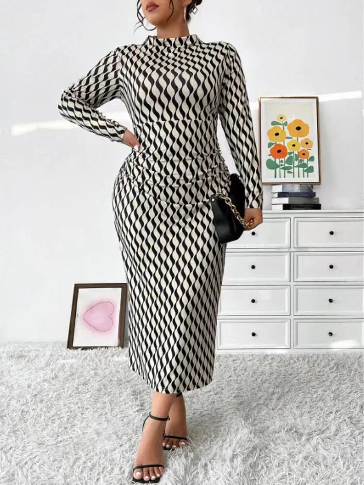 Wave-Print Mock-Neck Column Dress
