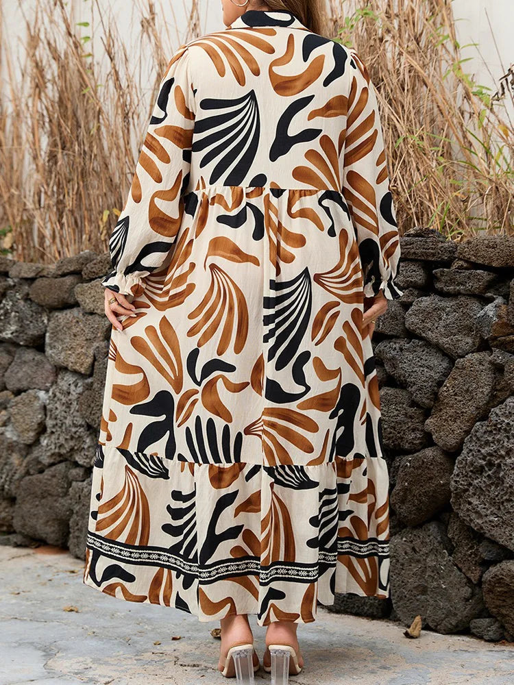 Abstract Collared Tiered Maxi Dress
