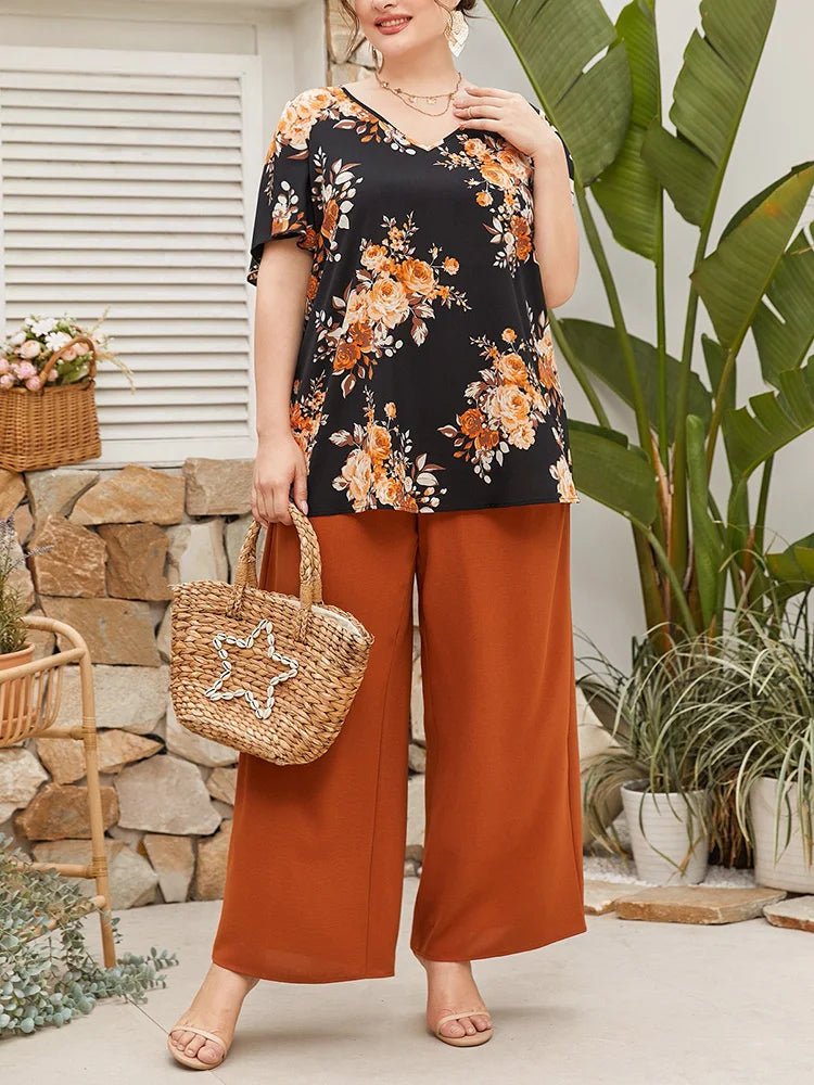 Floral V-Neck Top & Wide-Leg Pants Set