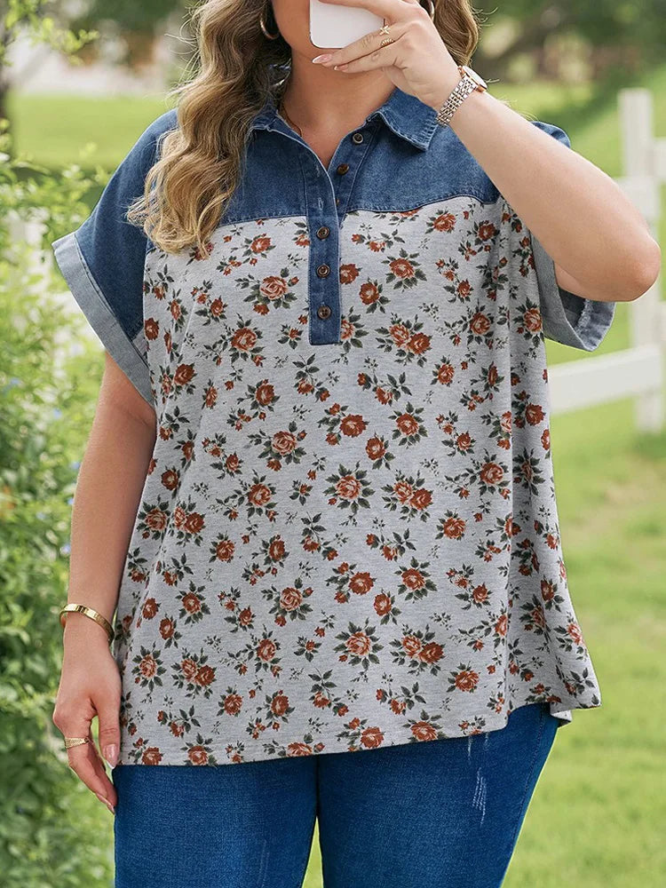 Floral Denim-Look Polo Blouse