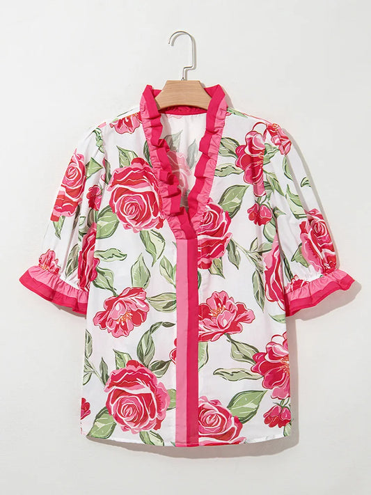 Rose-Print Ruffle-Trim Blouse