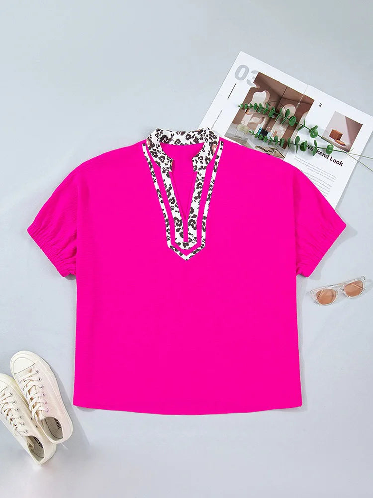 Leopard-Trim Pink Split-Neck Blouse