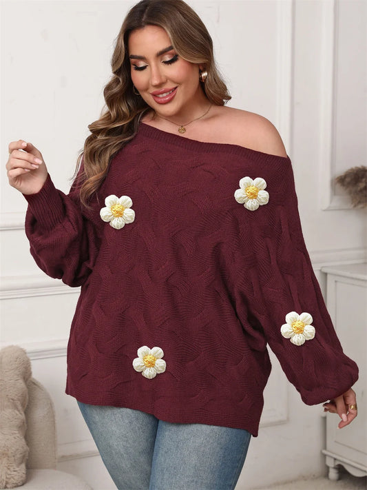 Colorful Floral-Appliqué Textured Sweater