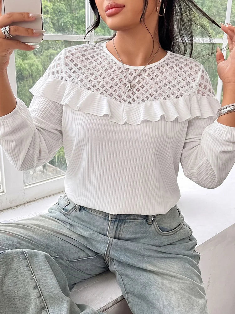 Mesh-Yoke Ruffle Ribbed Top