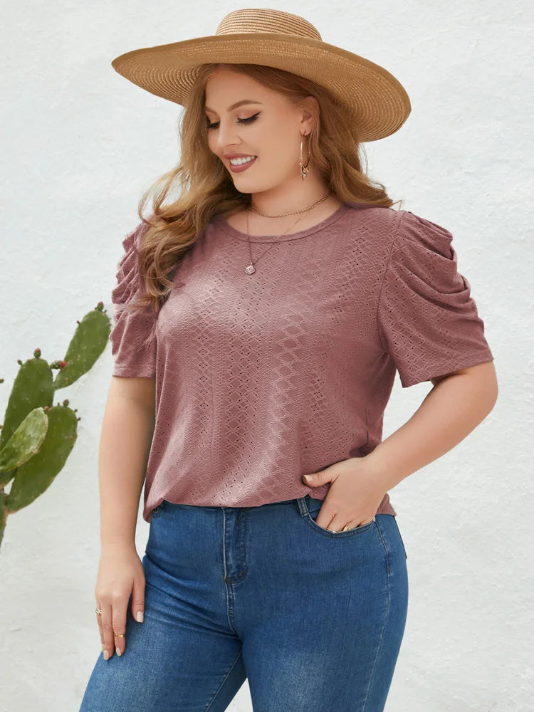 Ruched Puff-Sleeve Eyelet Top