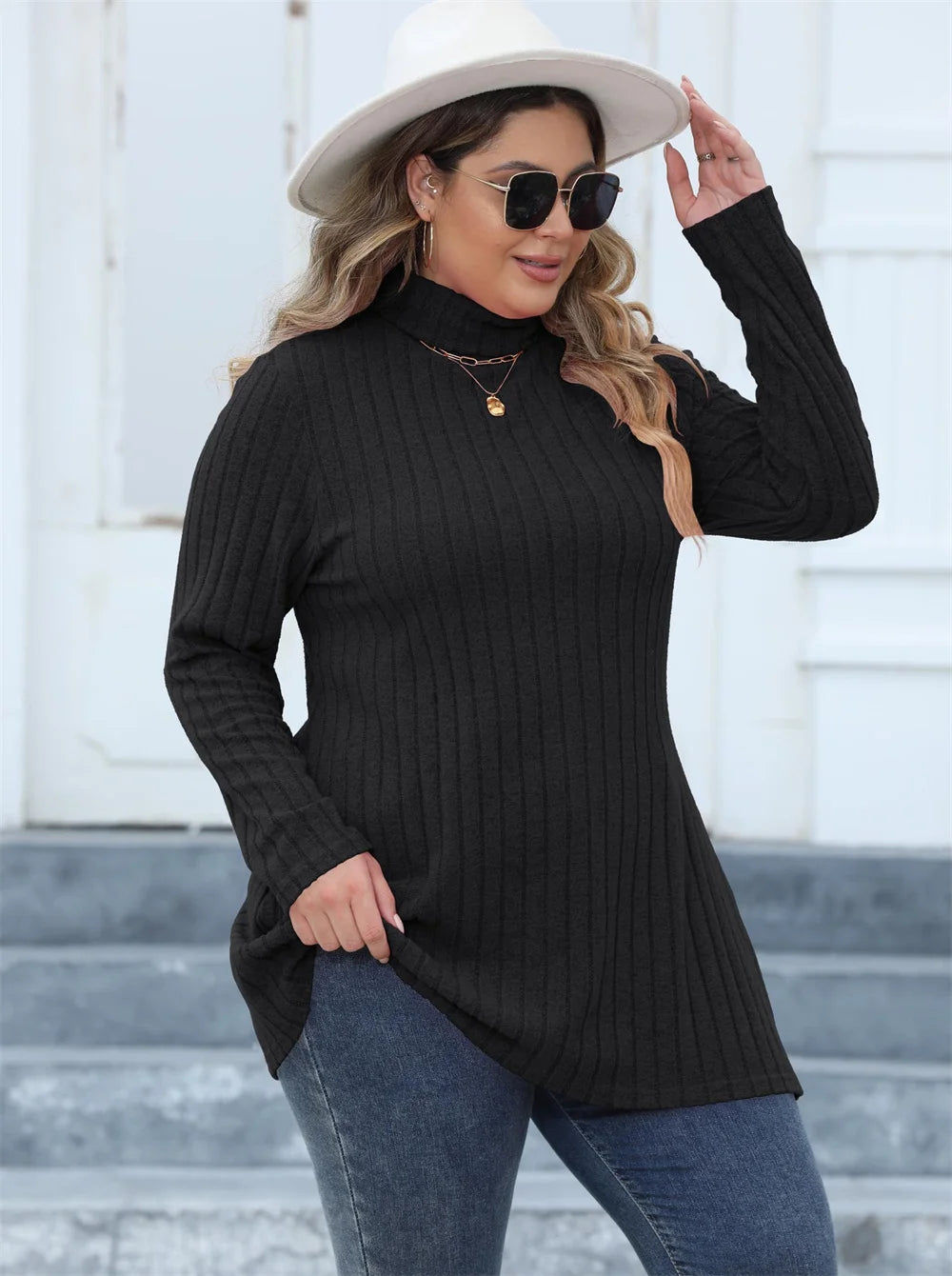 Ribbed Turtleneck Side-Slit Tunic